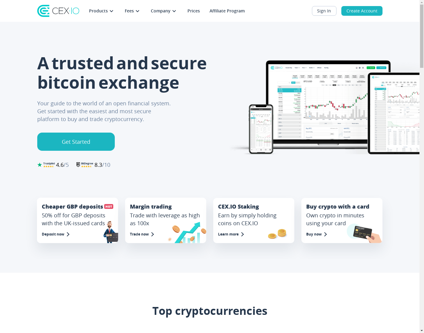 CEX website: the home page in English