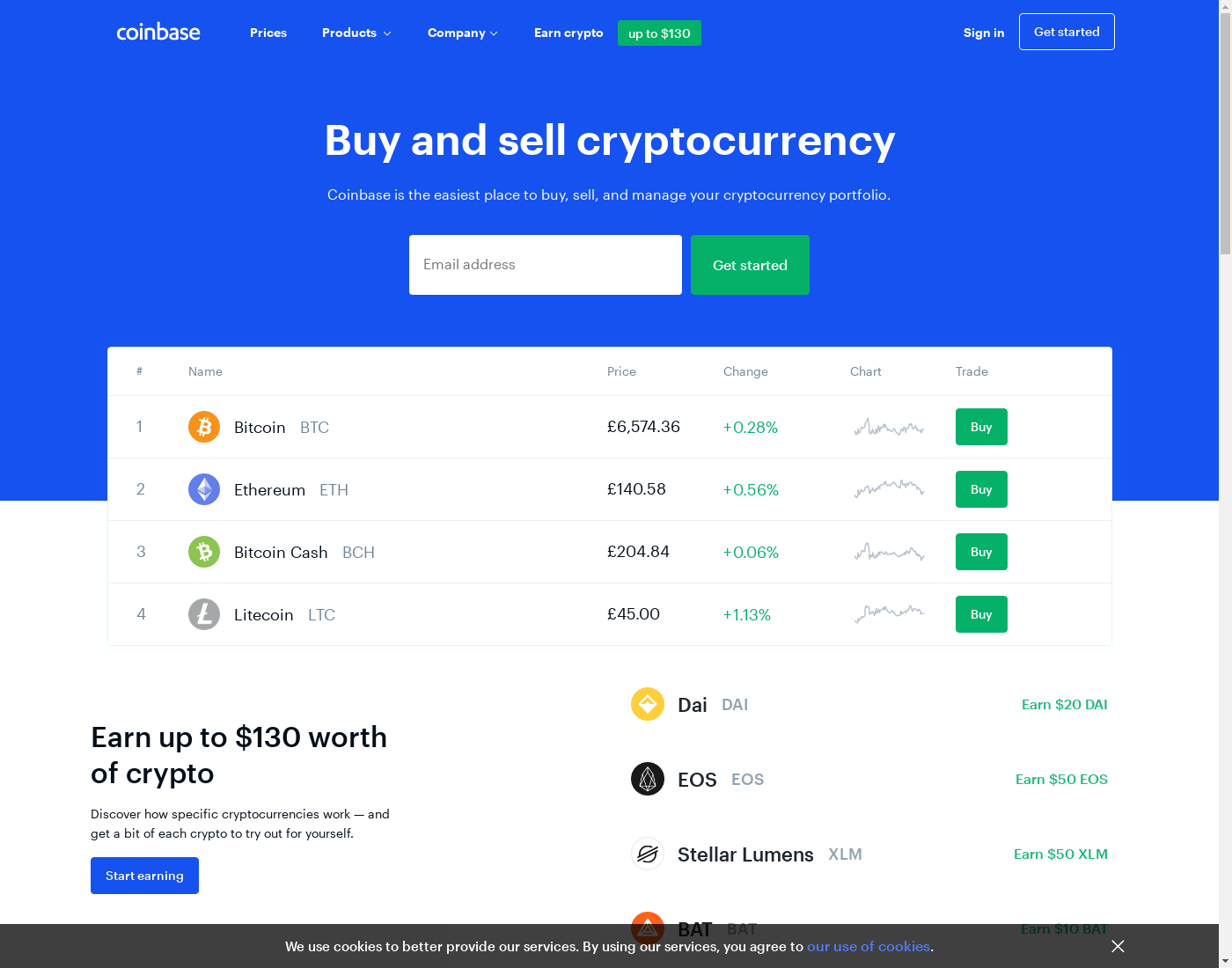 Coinbase user interface: the home page in English