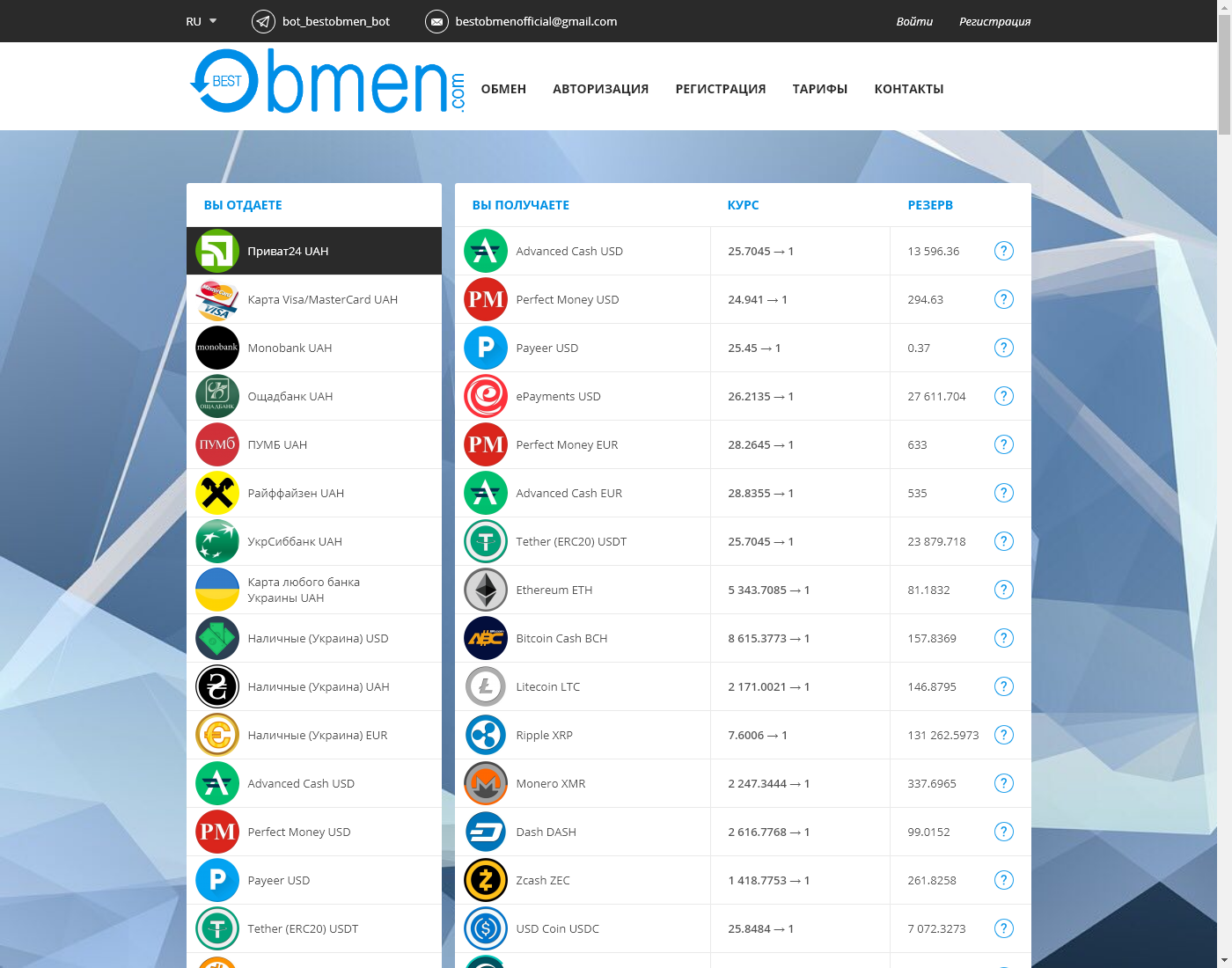 Best-Obmen user interface: the home page in English