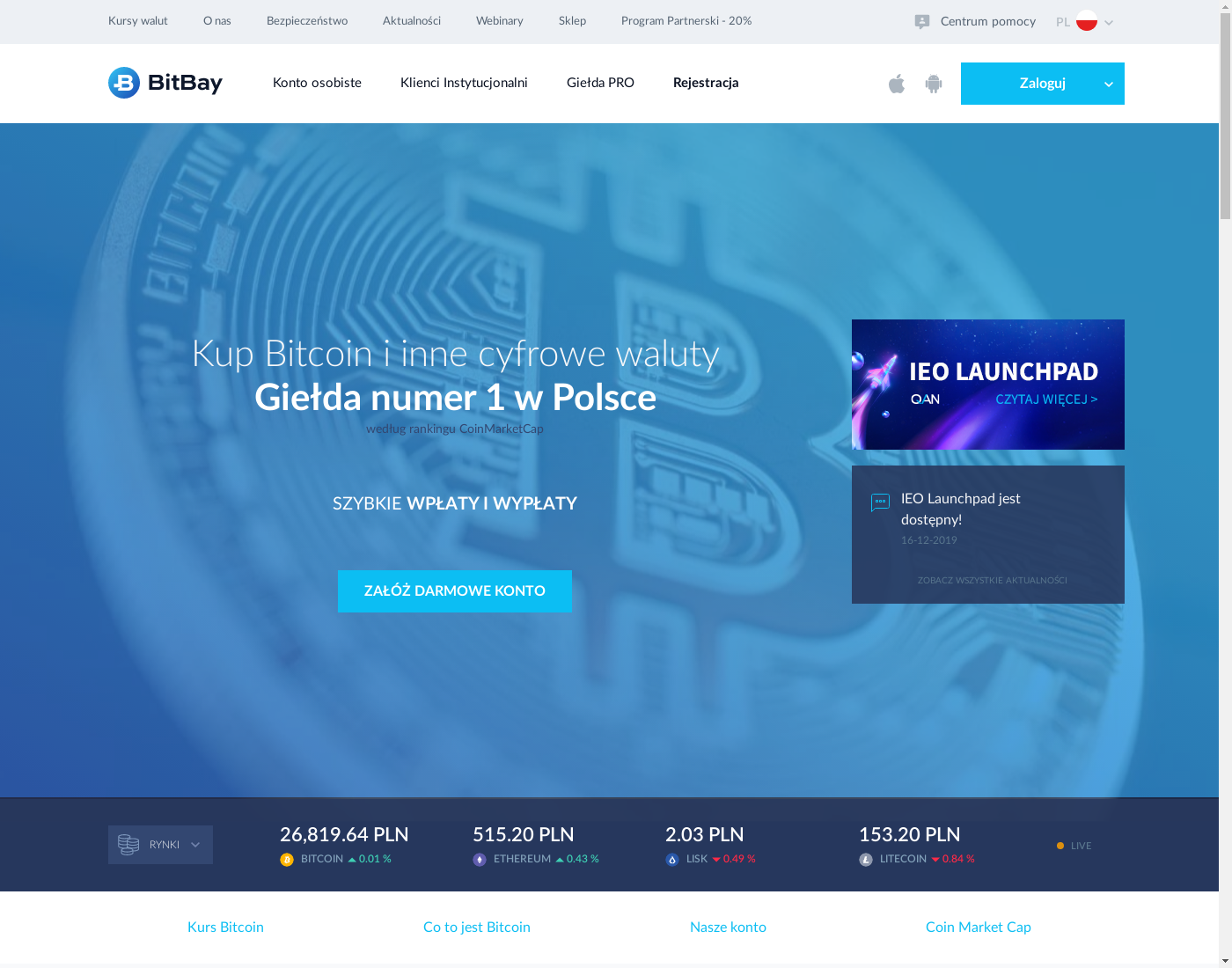 BitBay user interface: the home page in English