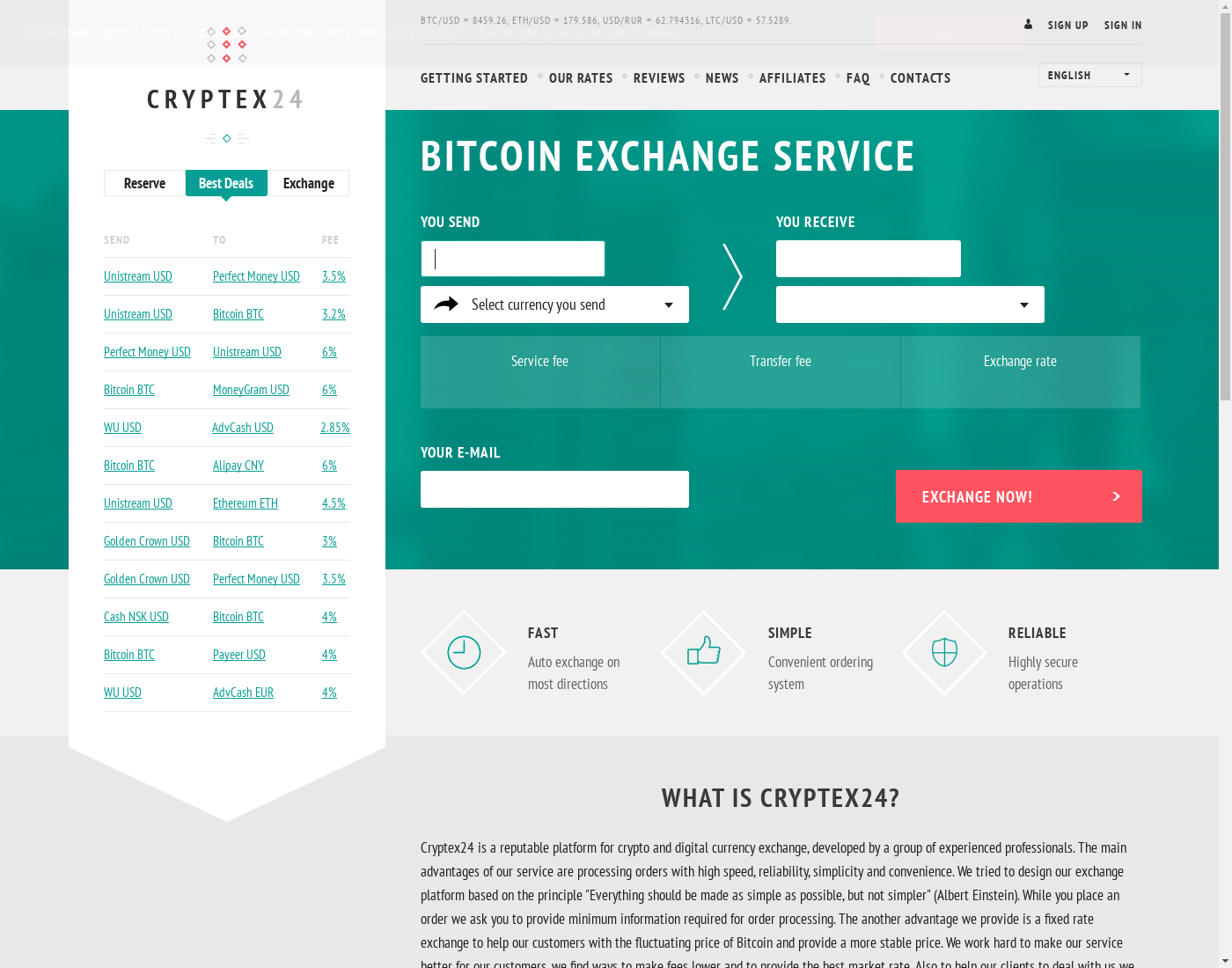 Cryptex24 user interface: the home page in English