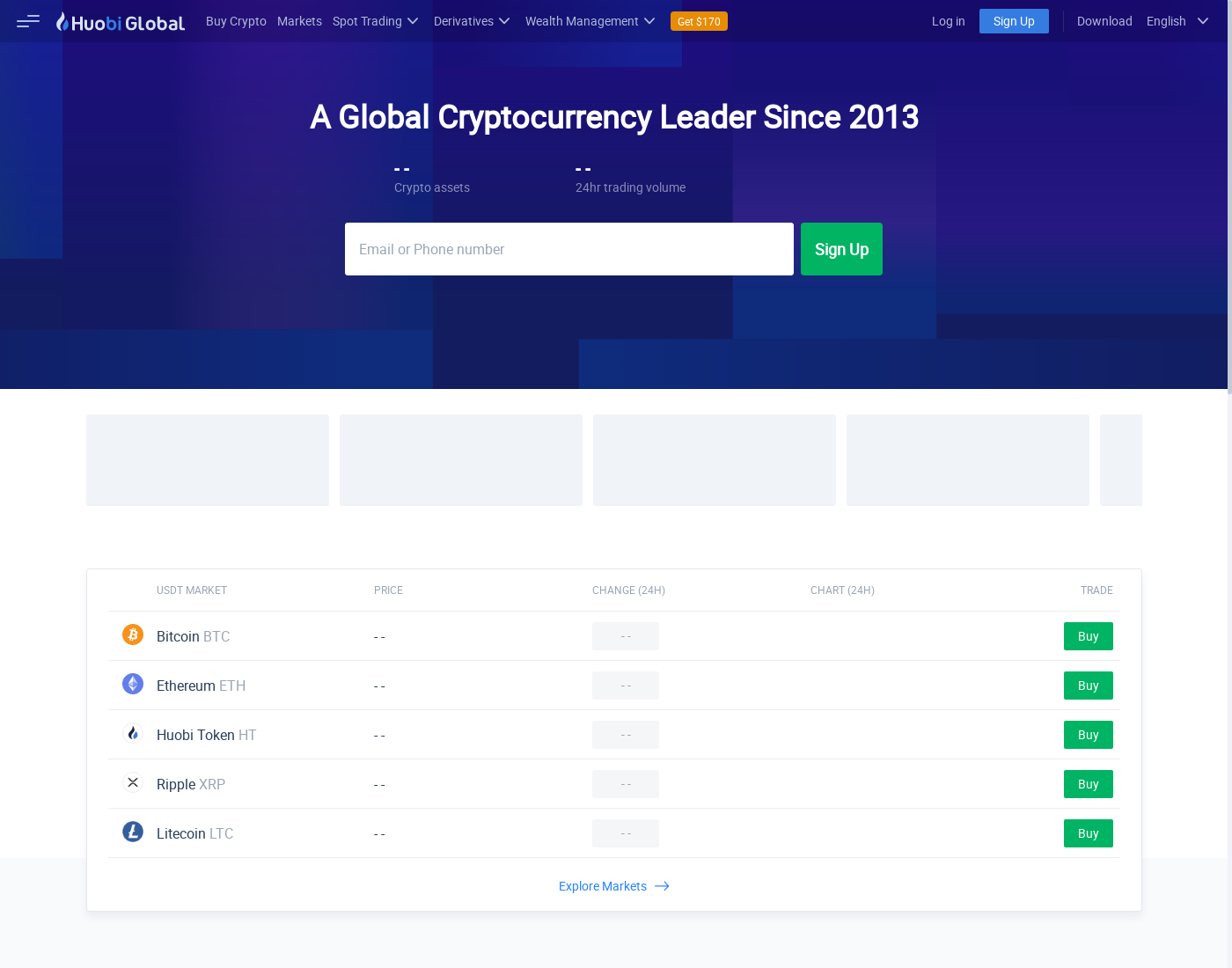 Huobi Global user interface: the home page in English