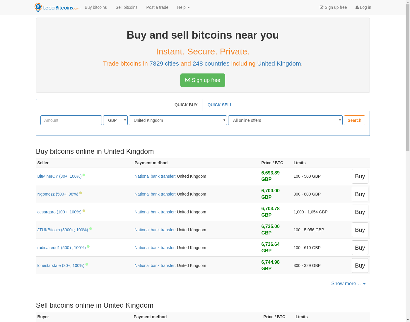 LocalBitcoins user interface: the home page in English