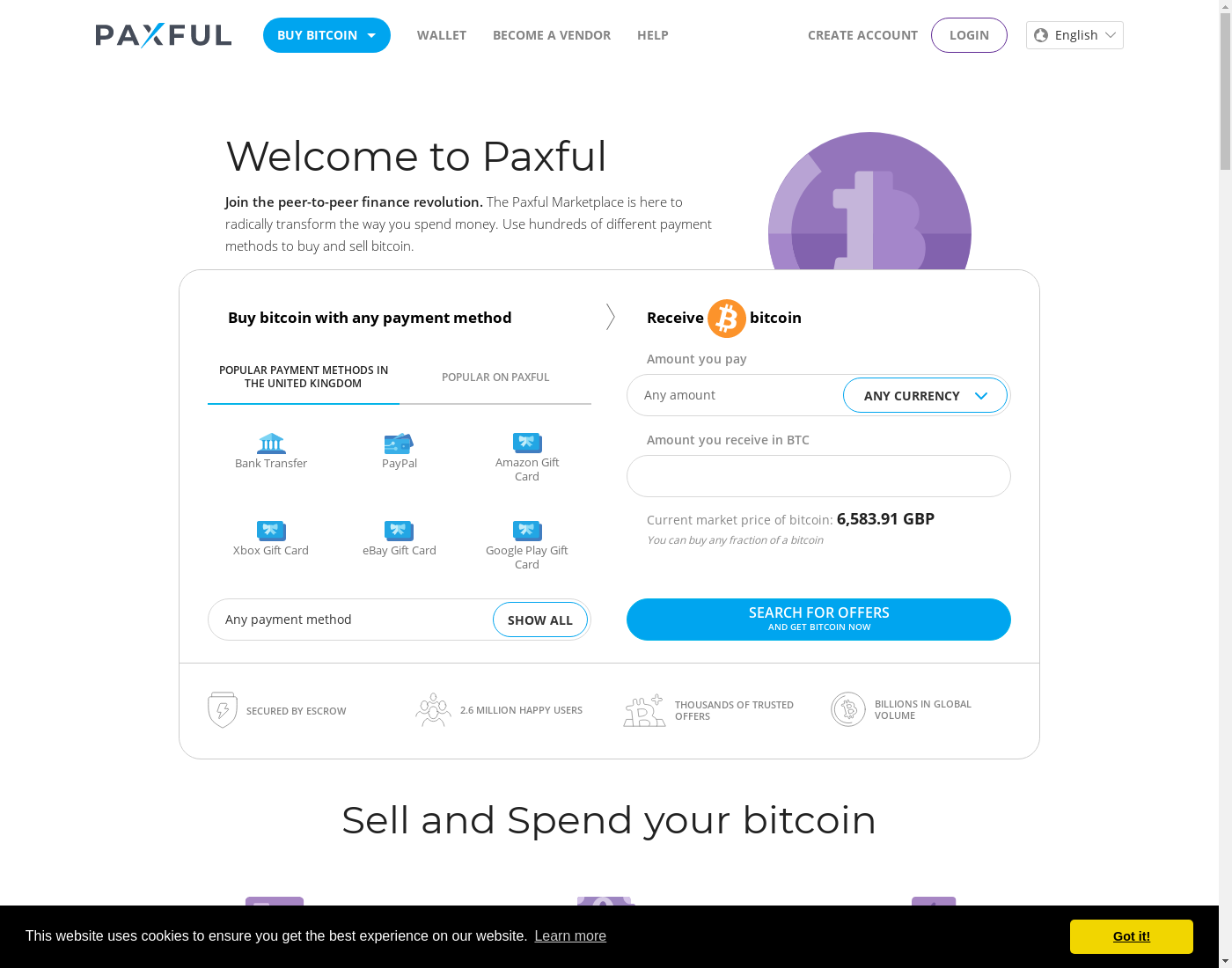 Paxful user interface: the home page in English
