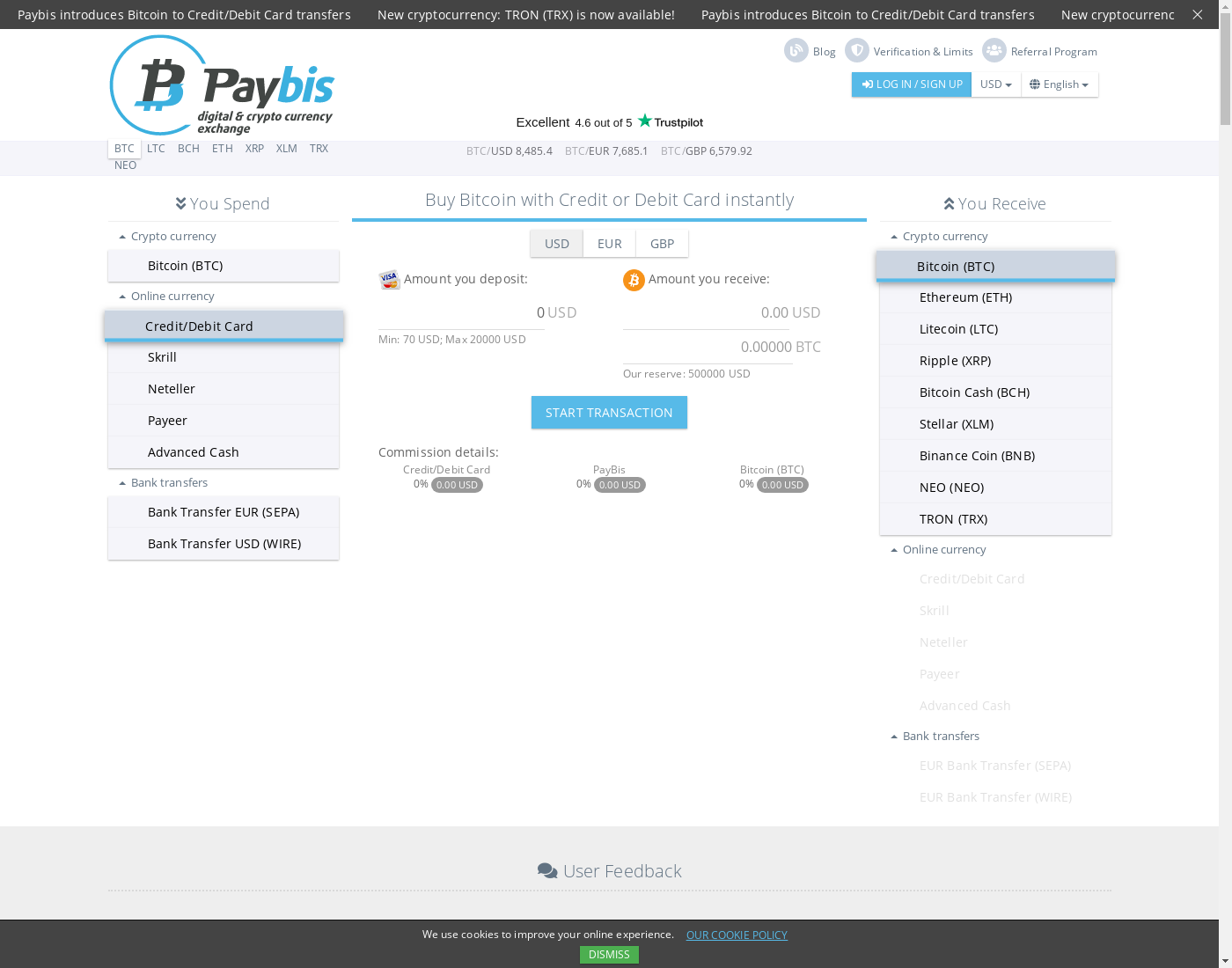 PayBis user interface: the home page in English